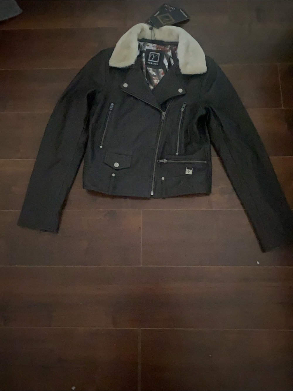 Women’s Black Leather Moto Jacket with Cream Faux Fur Collar